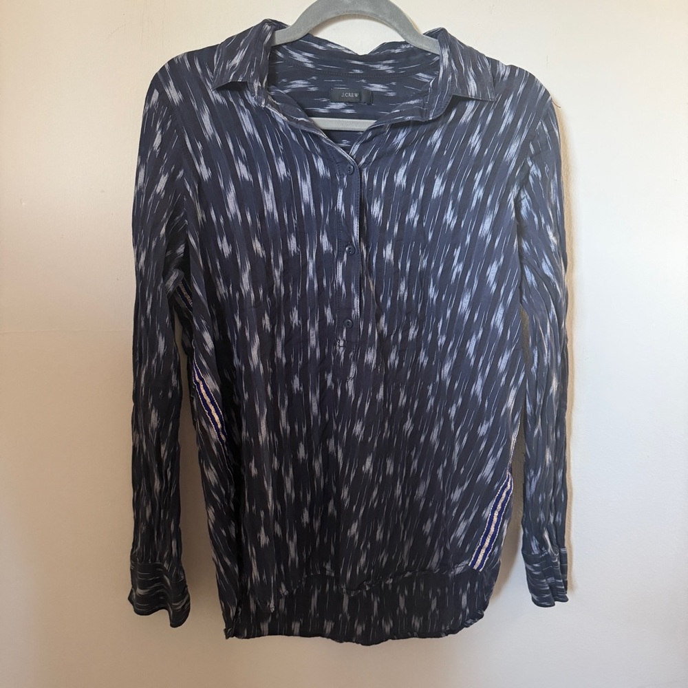 J. CREW Black Label Blue Popover Shirt Long Sleeve Ikat Metallic Detail